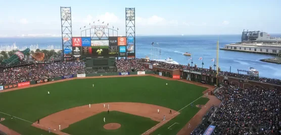 view of the field of Oracle Park from the upper deck of the park towards center field