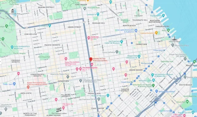 map of nob hill showing local streets and a pin in the middle showing the location of our hotel