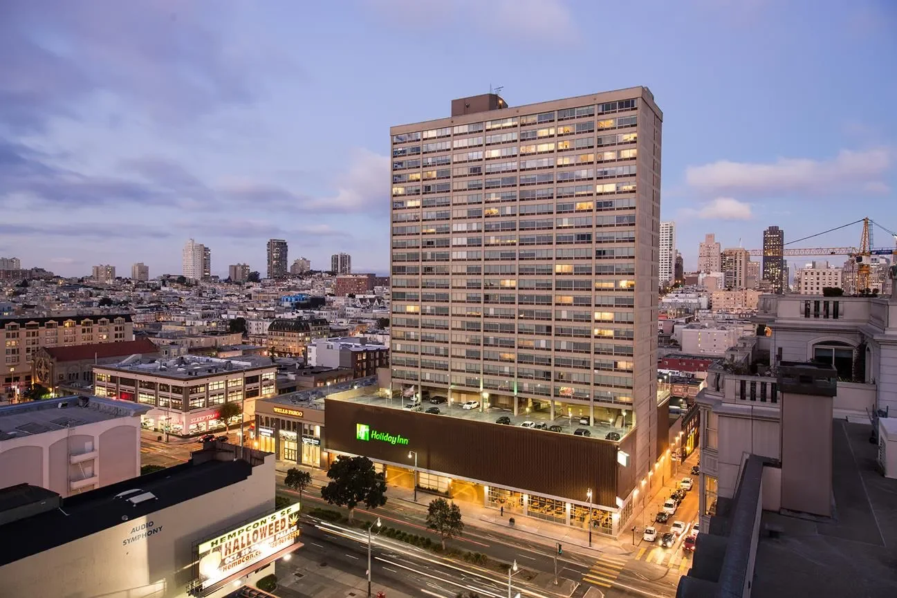 exterior of our hotel at night